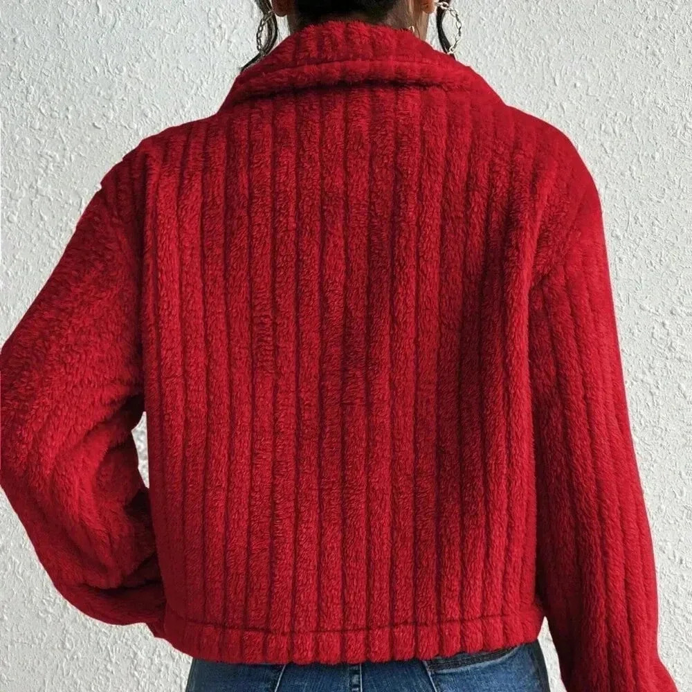 Red Casual Women's Plush Flap Jacket - Picture 2 of 6